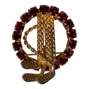 Vintage Womens Golfer Gift Mothers Day Golf Club & Red Rhinestone Circle Brooch